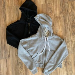 BLACK AND GREY CROPPED ZIP-UP HOODIE